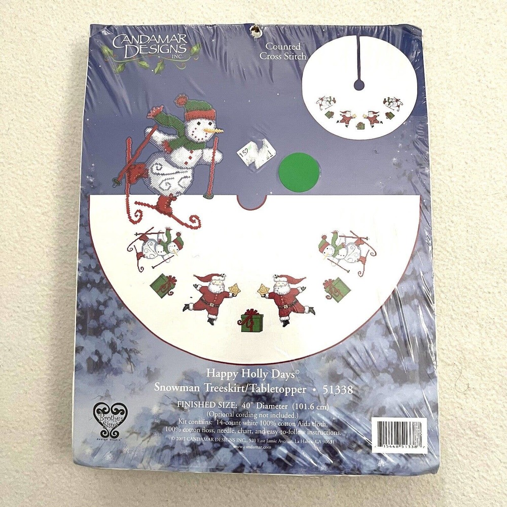 New Candamar Happy Holly Days Snowman Treeskirt 40" Diameter Cross Stitch Kit